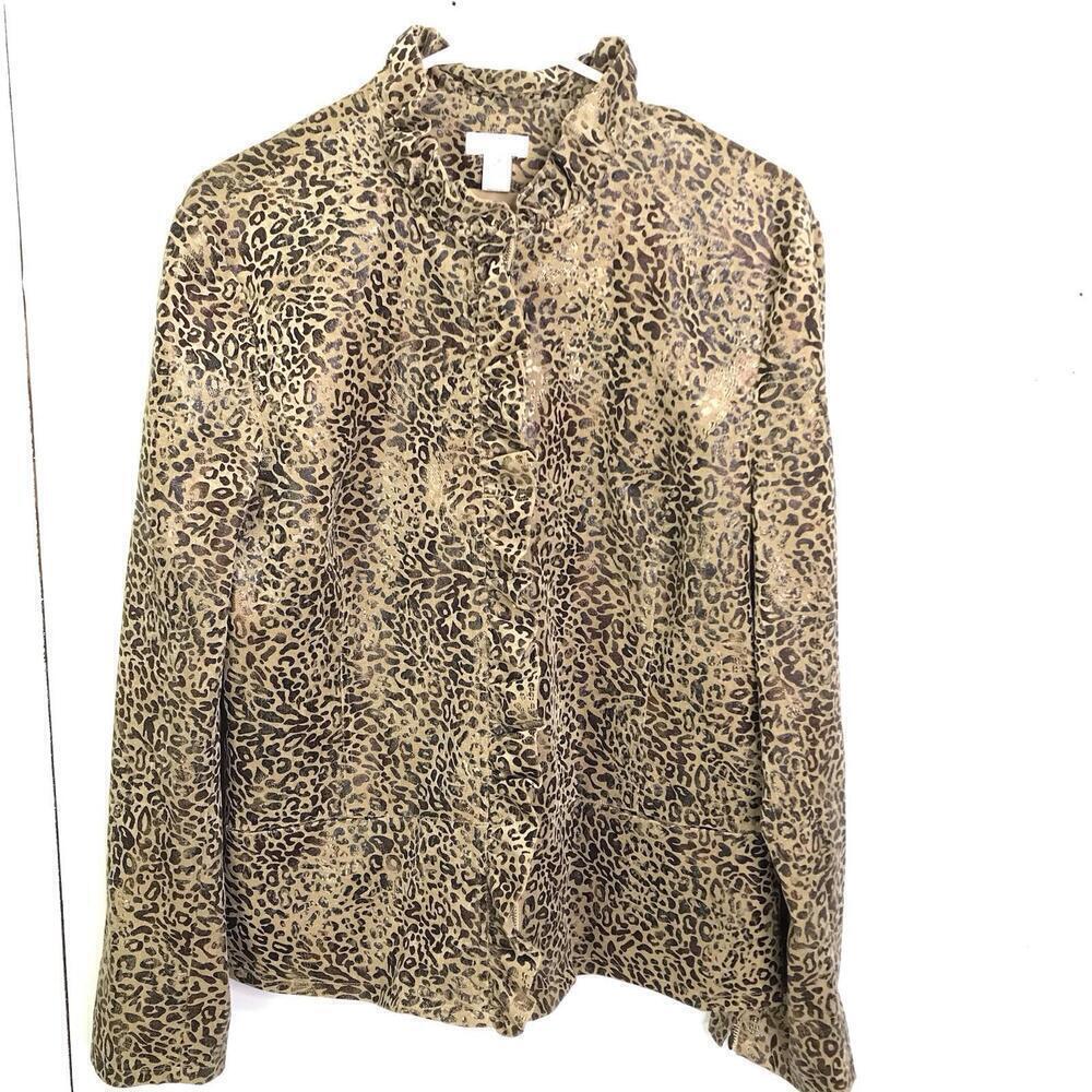 Chicos Jacket Womens Large 2 Ruffle Collar Animal Print Leopard Full Zip Exotic